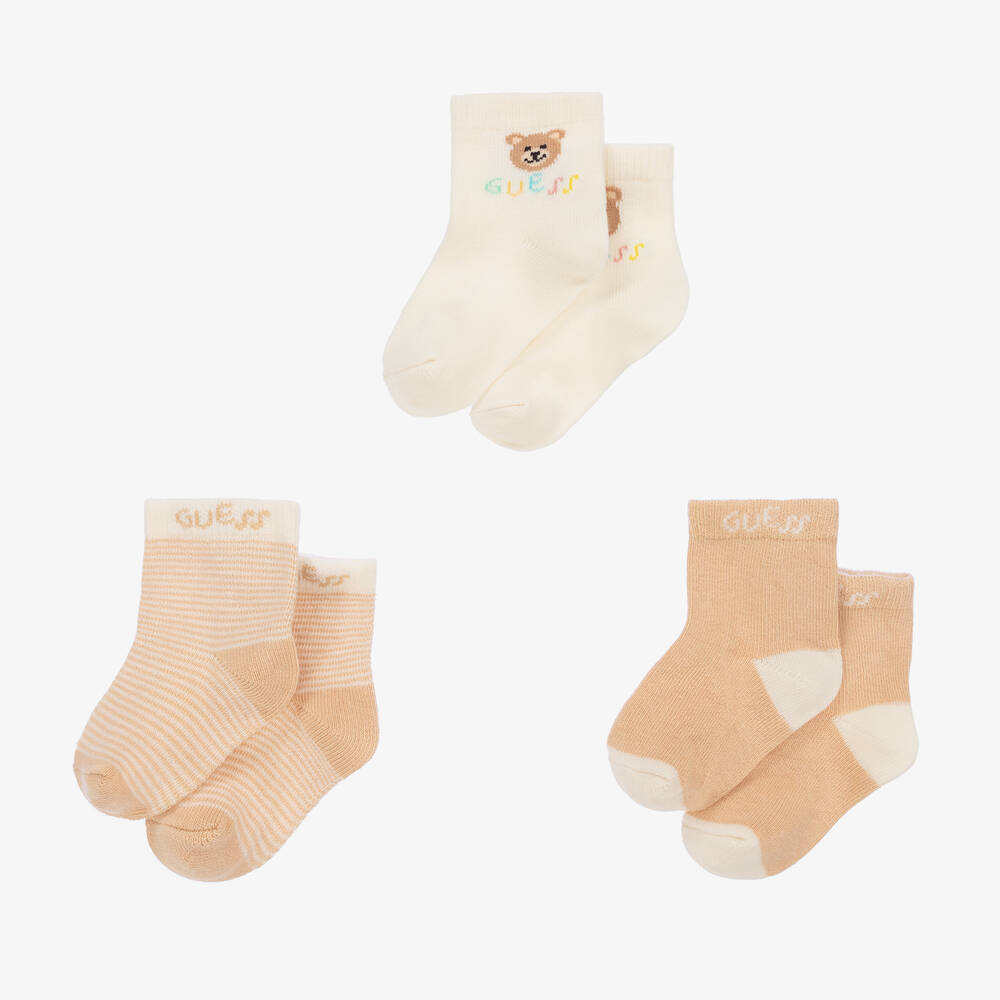 Guess-Ivory & Beige Teddy Bear Socks (3 Pack) | Childrensalon