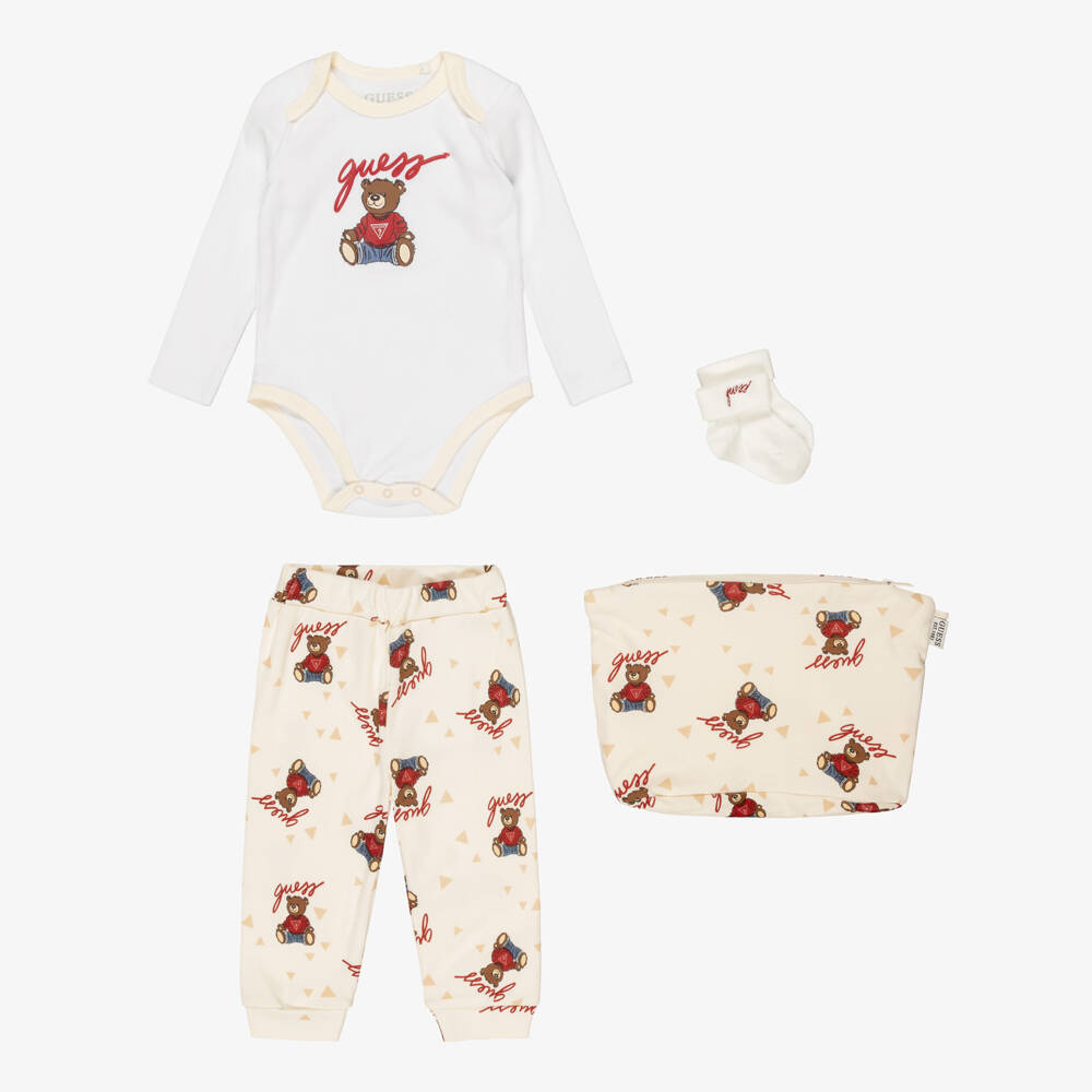 Guess-Ivory Cotton Baby Trouser Set with Teddy Bear Pattern | Childrensalon