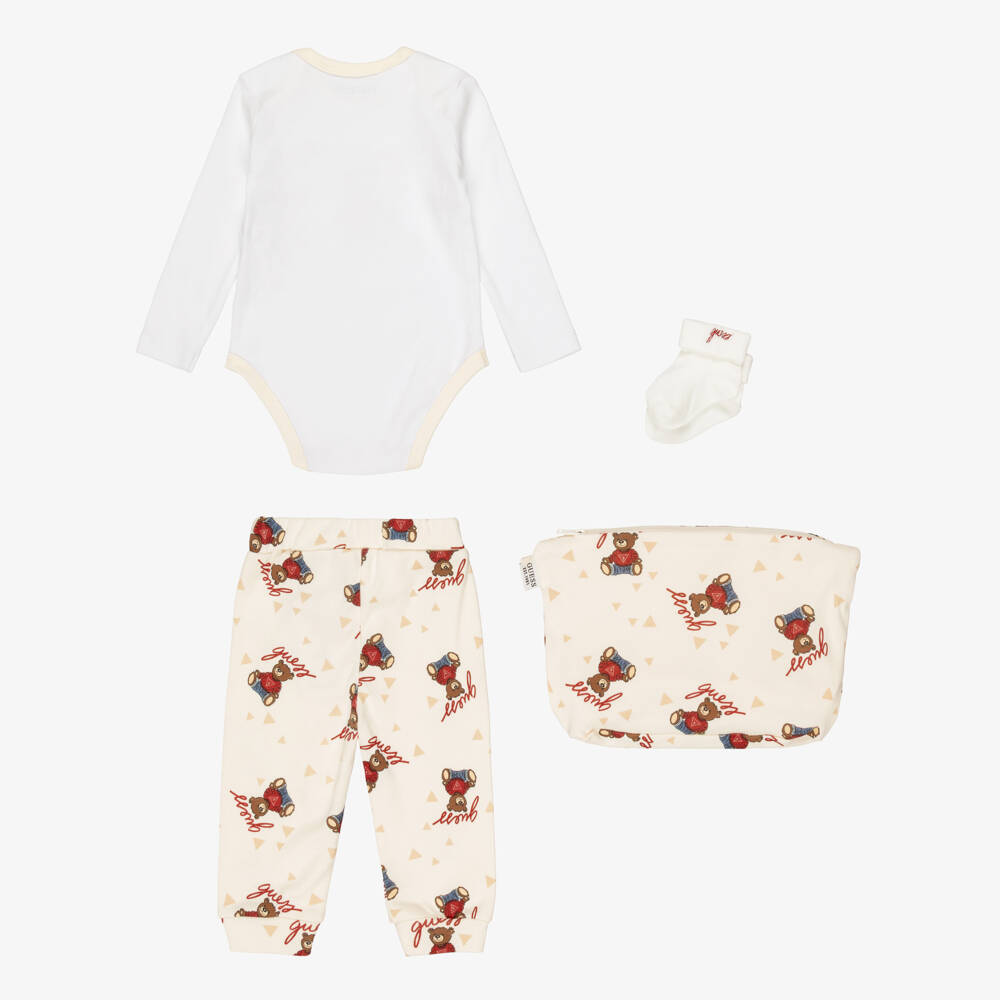 Guess-Ivory Cotton Baby Trouser Set with Teddy Bear Pattern | Childrensalon
