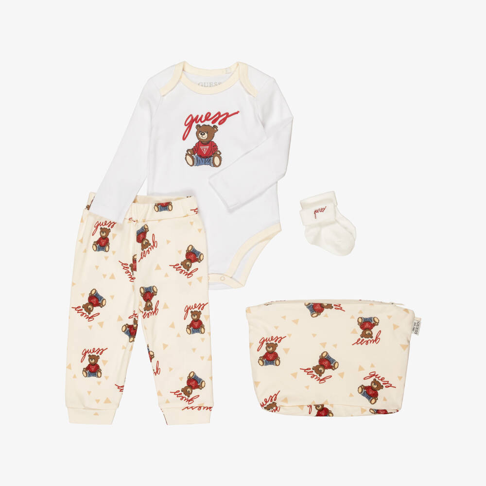 Guess-Ivory Cotton Baby Trouser Set with Teddy Bear Pattern | Childrensalon