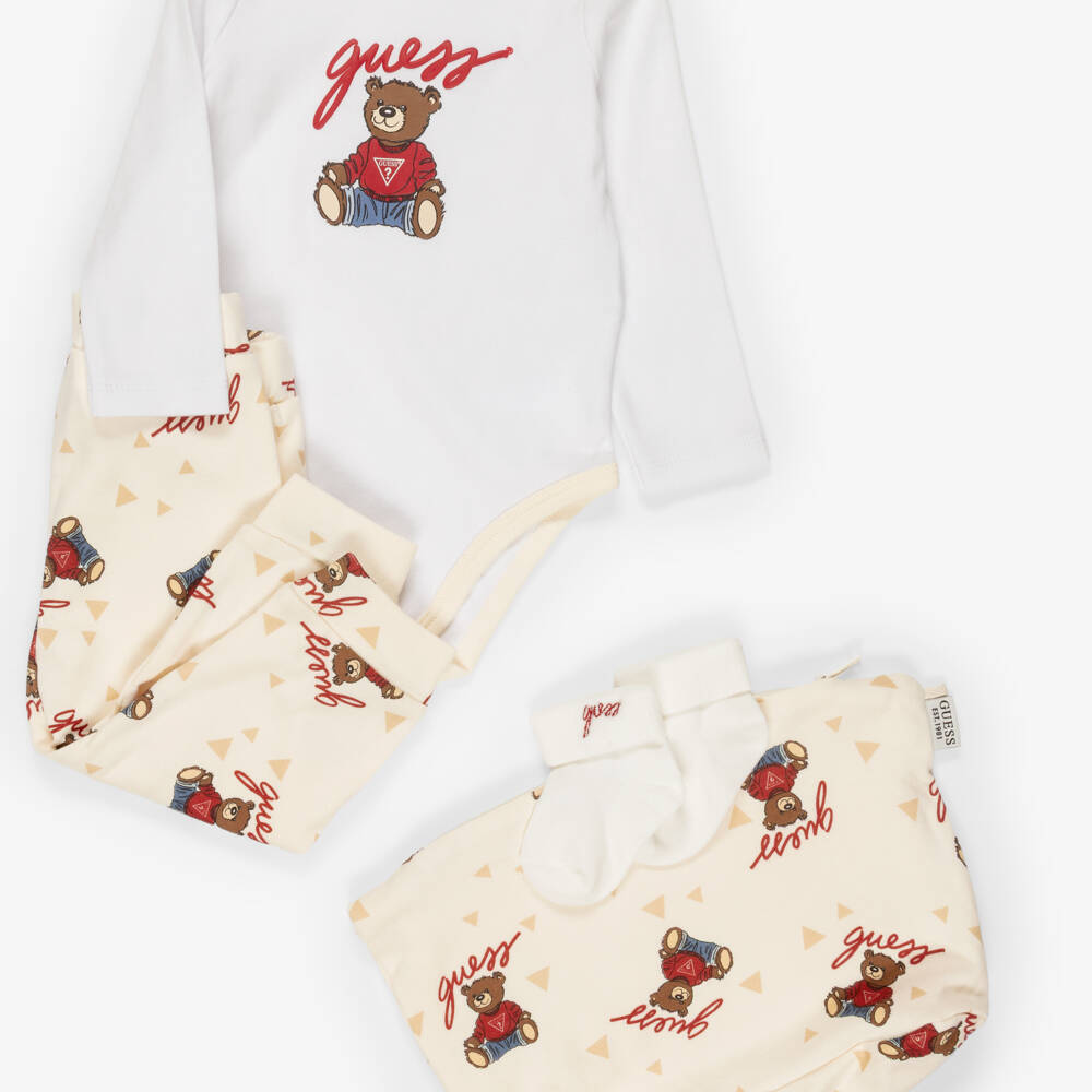 Guess-Ivory Cotton Baby Trouser Set with Teddy Bear Pattern | Childrensalon