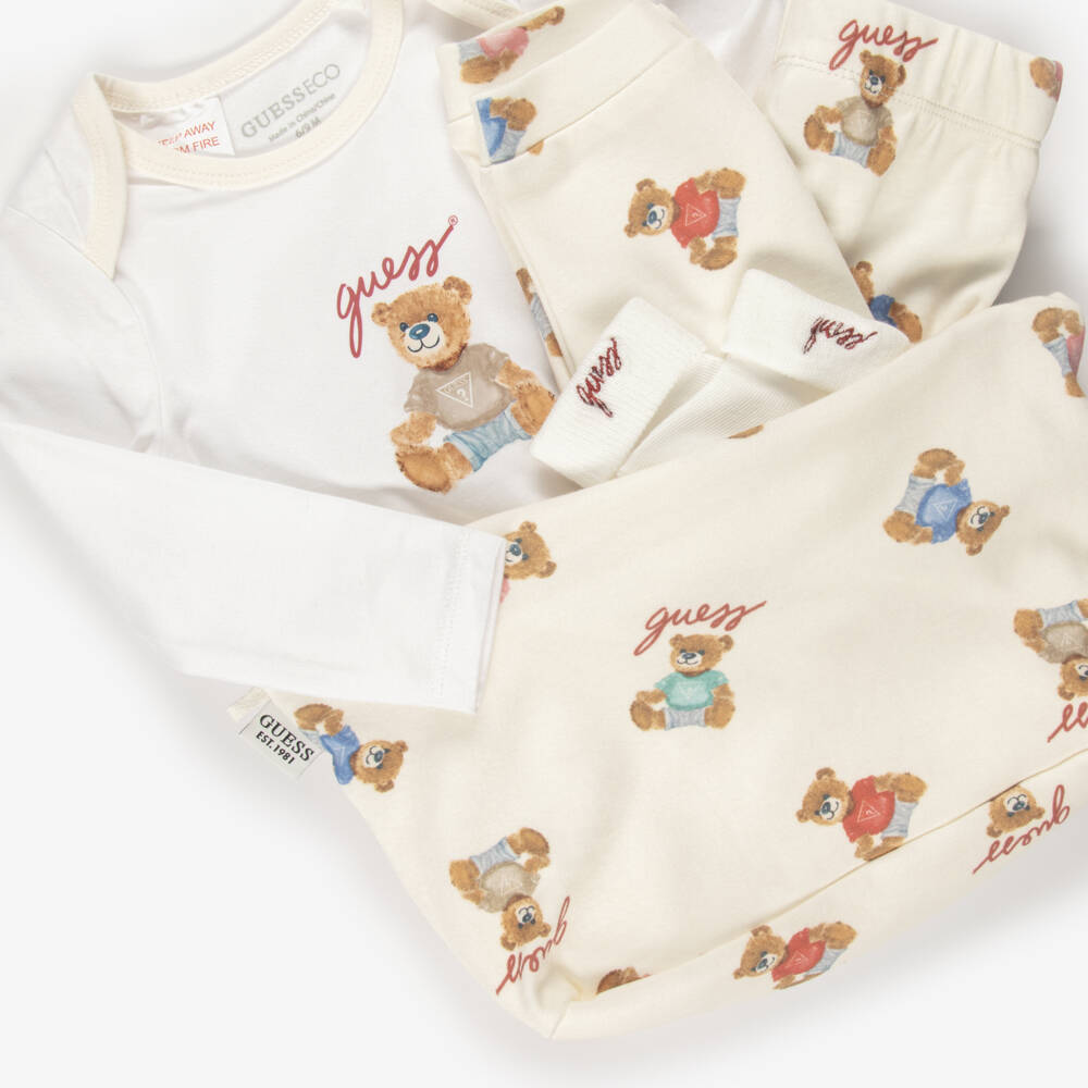 Guess-Ivory Cotton Baby Trouser Set with Teddy Prints | Childrensalon