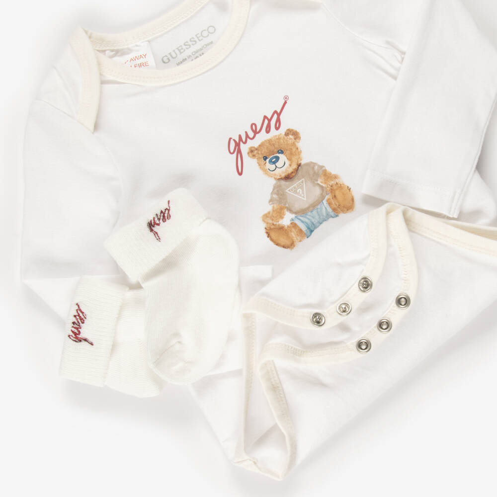 Guess-Ivory Cotton Baby Trouser Set with Teddy Prints | Childrensalon