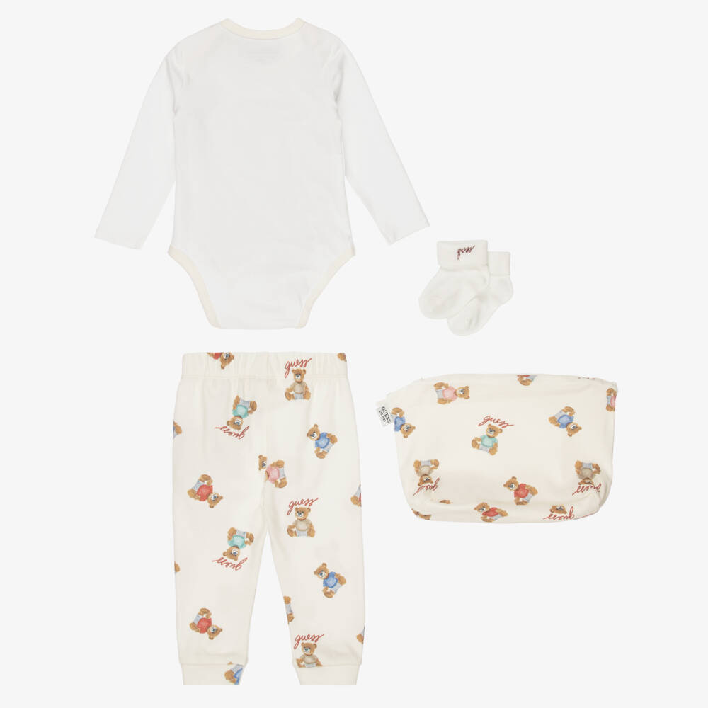 Guess-Ivory Cotton Baby Trouser Set with Teddy Prints | Childrensalon