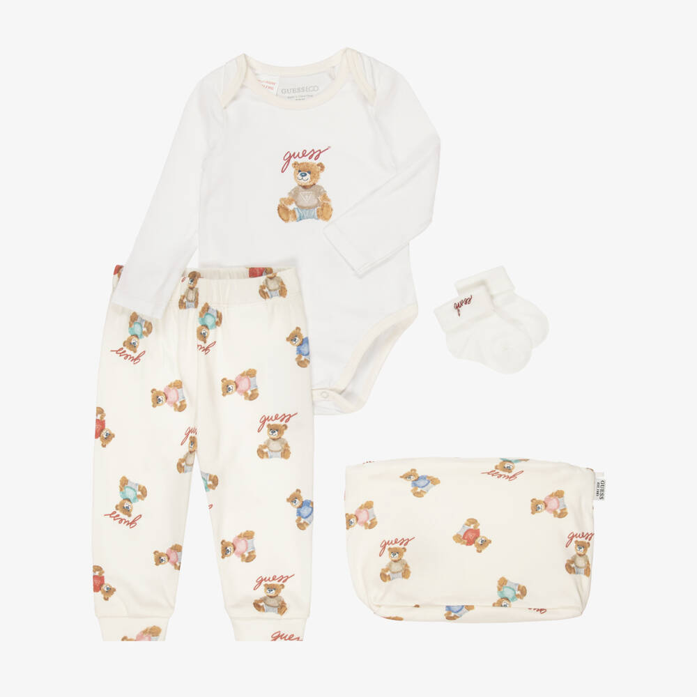 Guess-Ivory Cotton Baby Trouser Set with Teddy Prints | Childrensalon