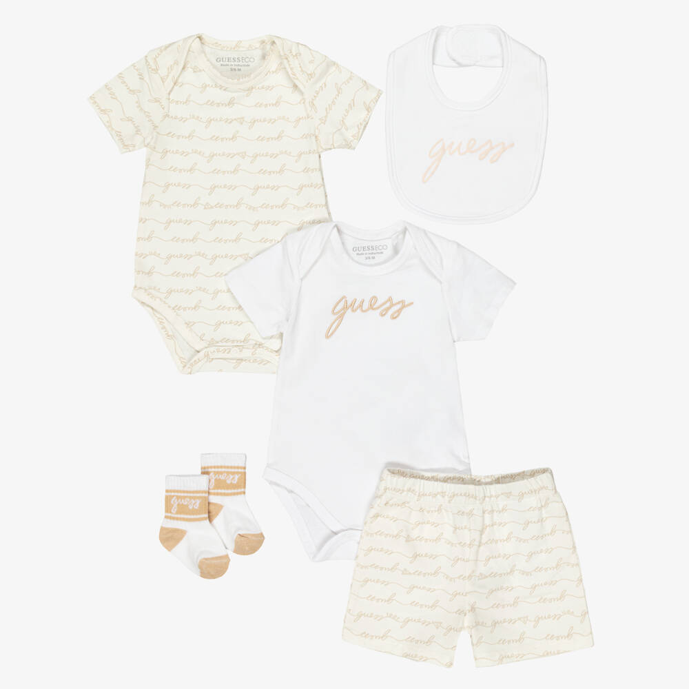Guess-Ivory Cotton Jersey Baby Logo Shorts Set  | Childrensalon