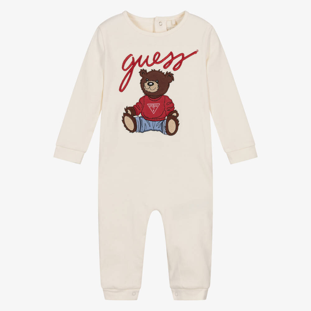 Guess-Ivory Cotton Romper with Teddy Bear Motif | Childrensalon