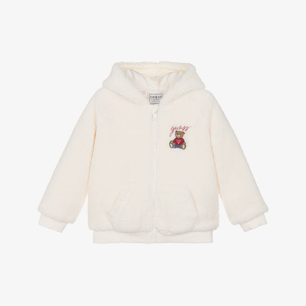 Guess-Ivory Fleece Hooded Jacket with Teddy Bear Logo | Childrensalon