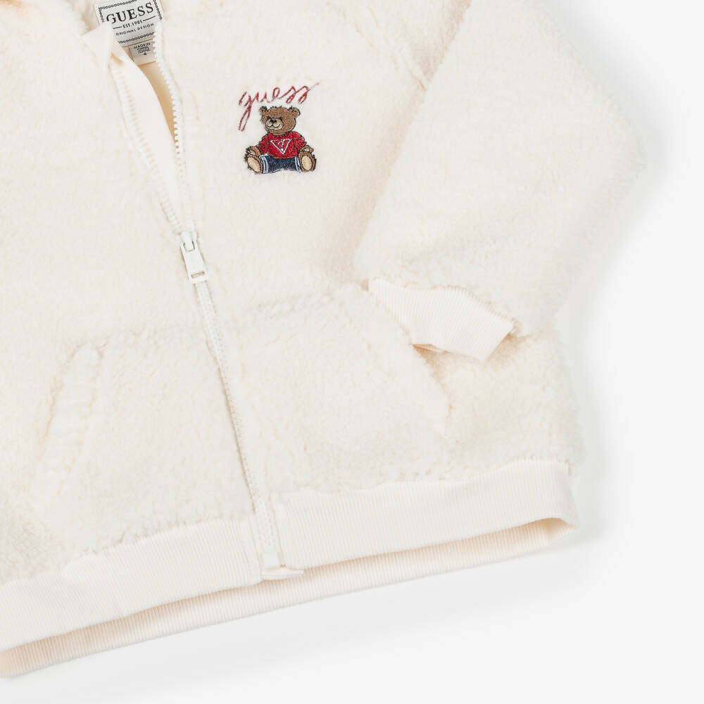 Guess-Ivory Fleece Hooded Jacket with Teddy Bear Logo | Childrensalon