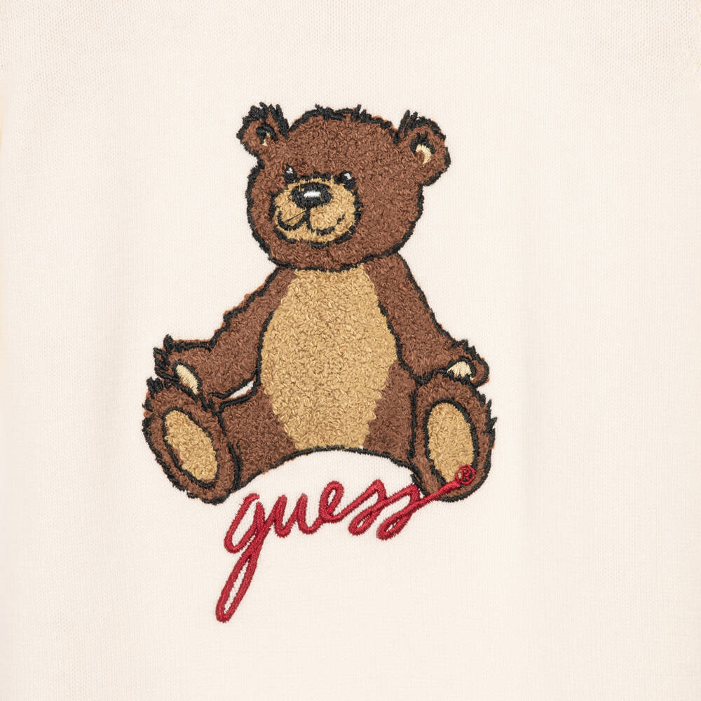 Guess-Ivory Knitted Cotton Romper with Embroidered Bear | Childrensalon
