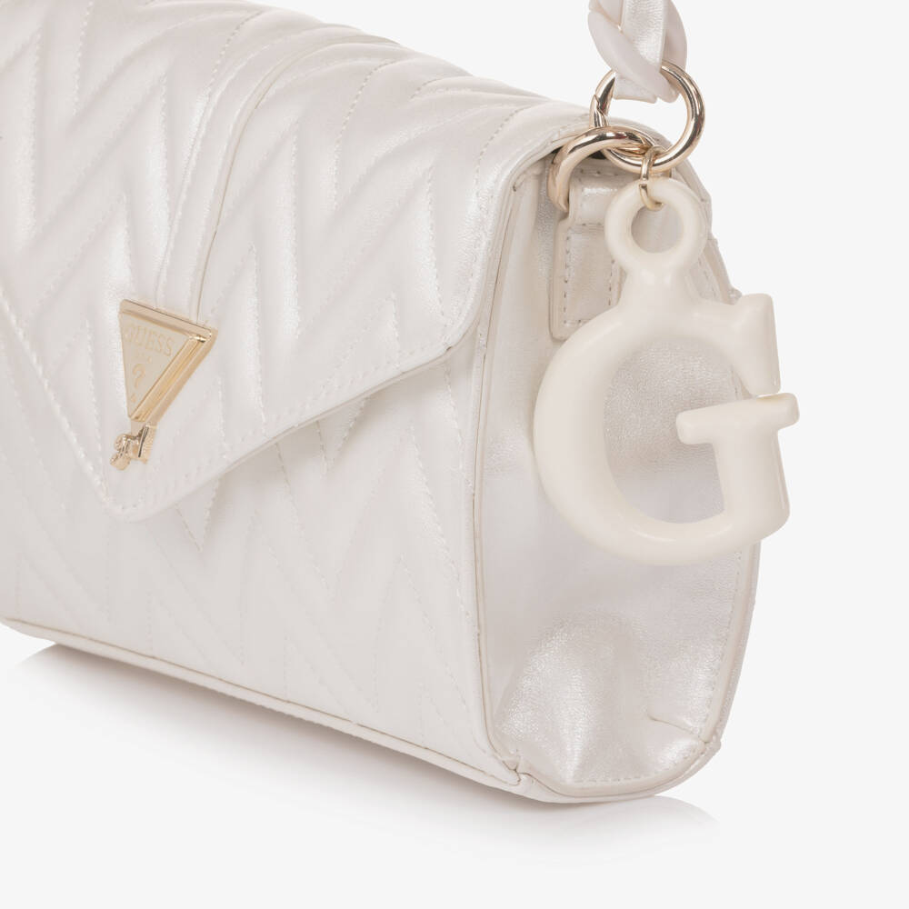 Guess-Girls Pearlised Ivory Faux Leather Handbag (20cm) | Childrensalon
