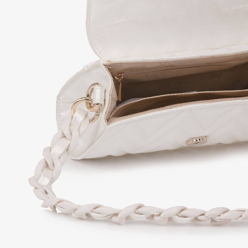 Guess-Girls Pearlised Ivory Faux Leather Handbag (20cm) | Childrensalon