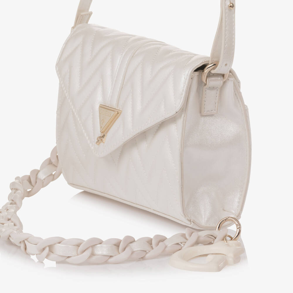 Guess-Girls Pearlised Ivory Faux Leather Handbag (20cm) | Childrensalon