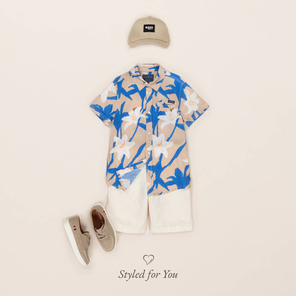 Guess-Junior Boys Beige Open Neck Tropical Shirt | Childrensalon