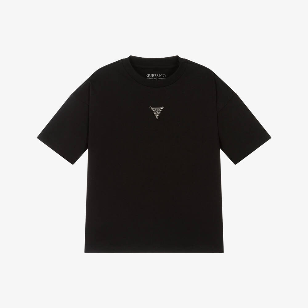 Guess-Junior Boys Black Cotton T-Shirt with Metal Triangle Logo | Childrensalon