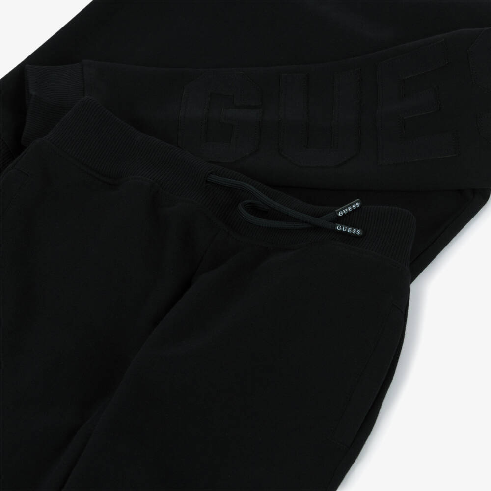 Guess-Junior Boys Black Cotton Tracksuit with Appliqué Logo | Childrensalon