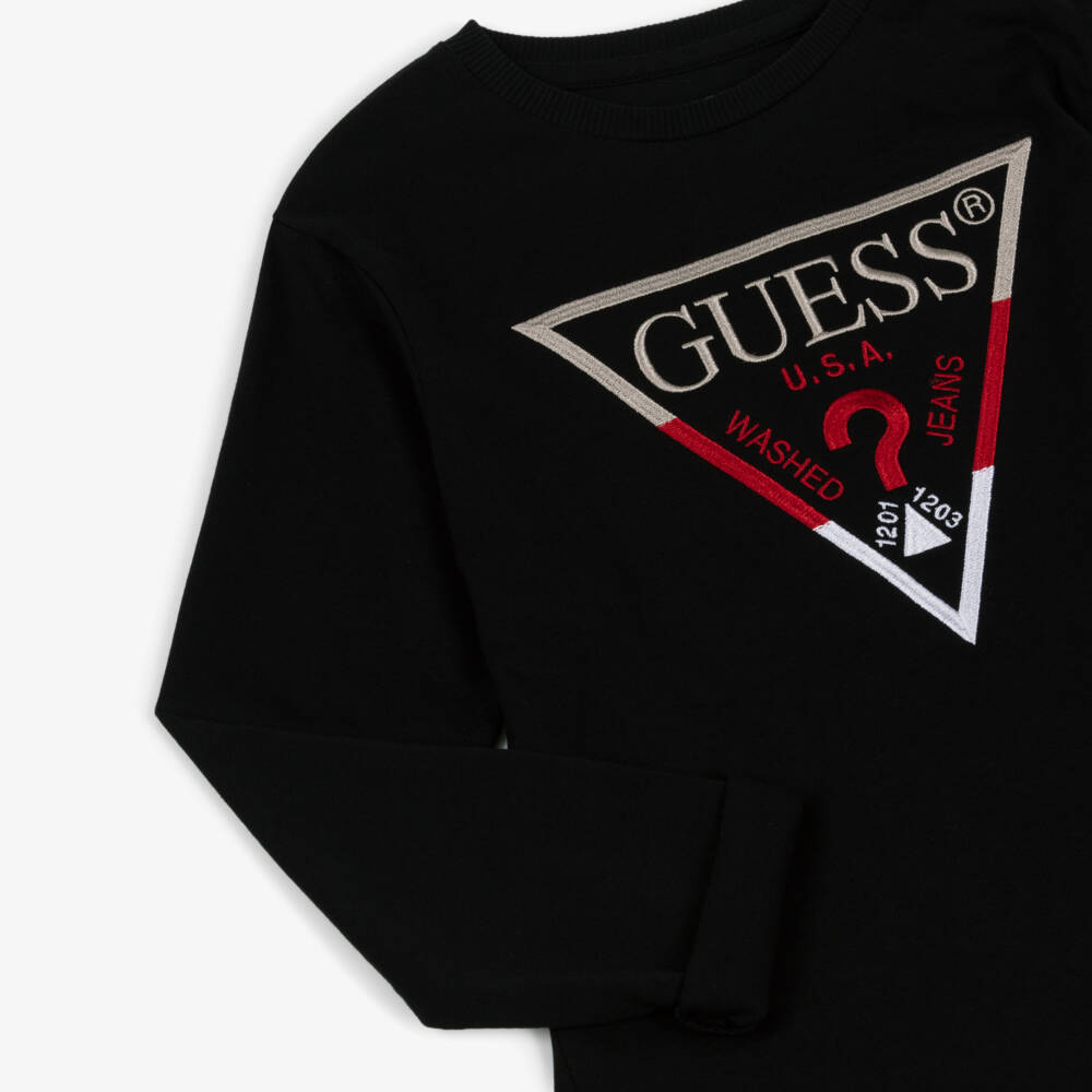 Guess-Junior Boys Black Cotton Triangle Logo Long-Sleeved Top | Childrensalon