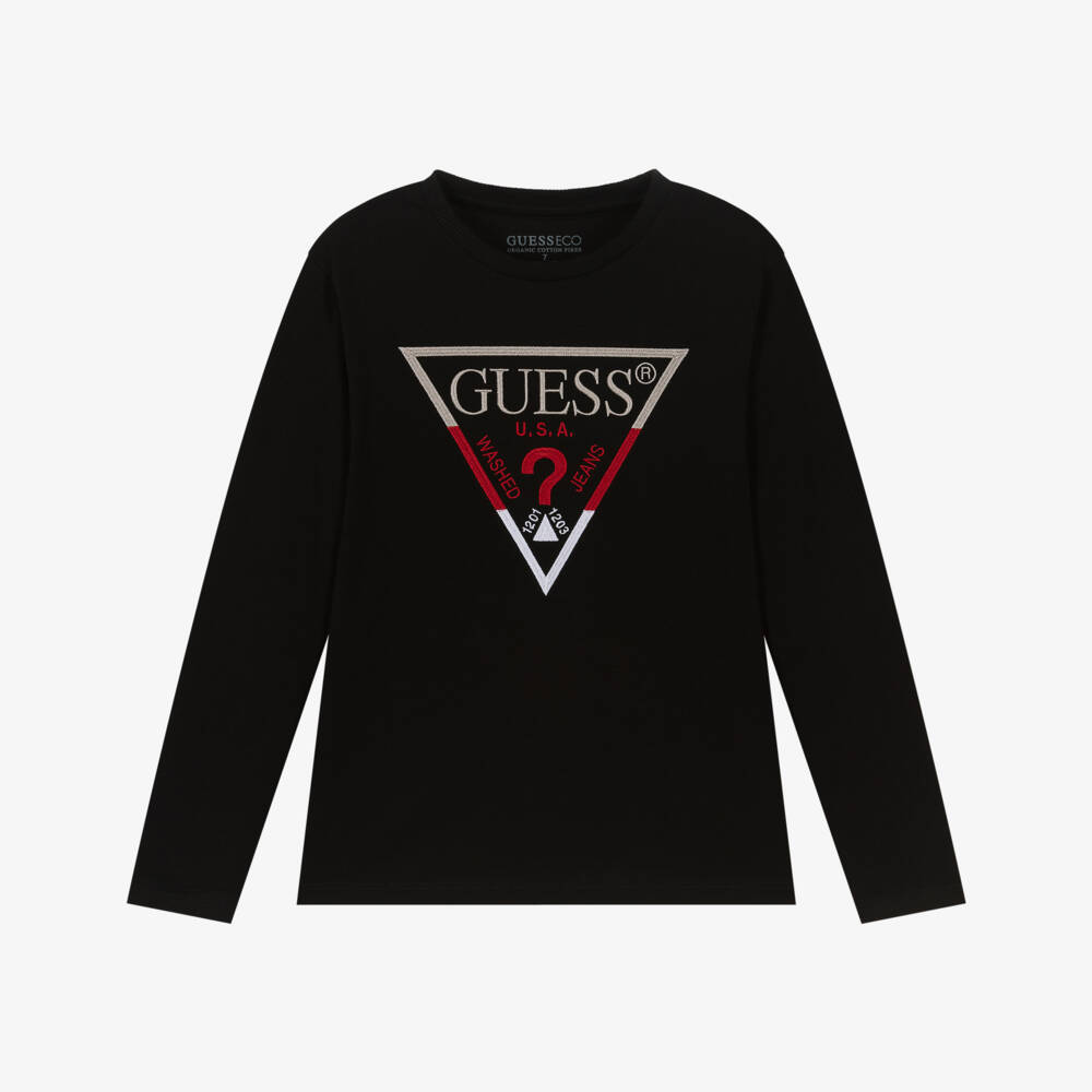 Guess-Junior Boys Black Cotton Triangle Logo Long-Sleeved Top | Childrensalon
