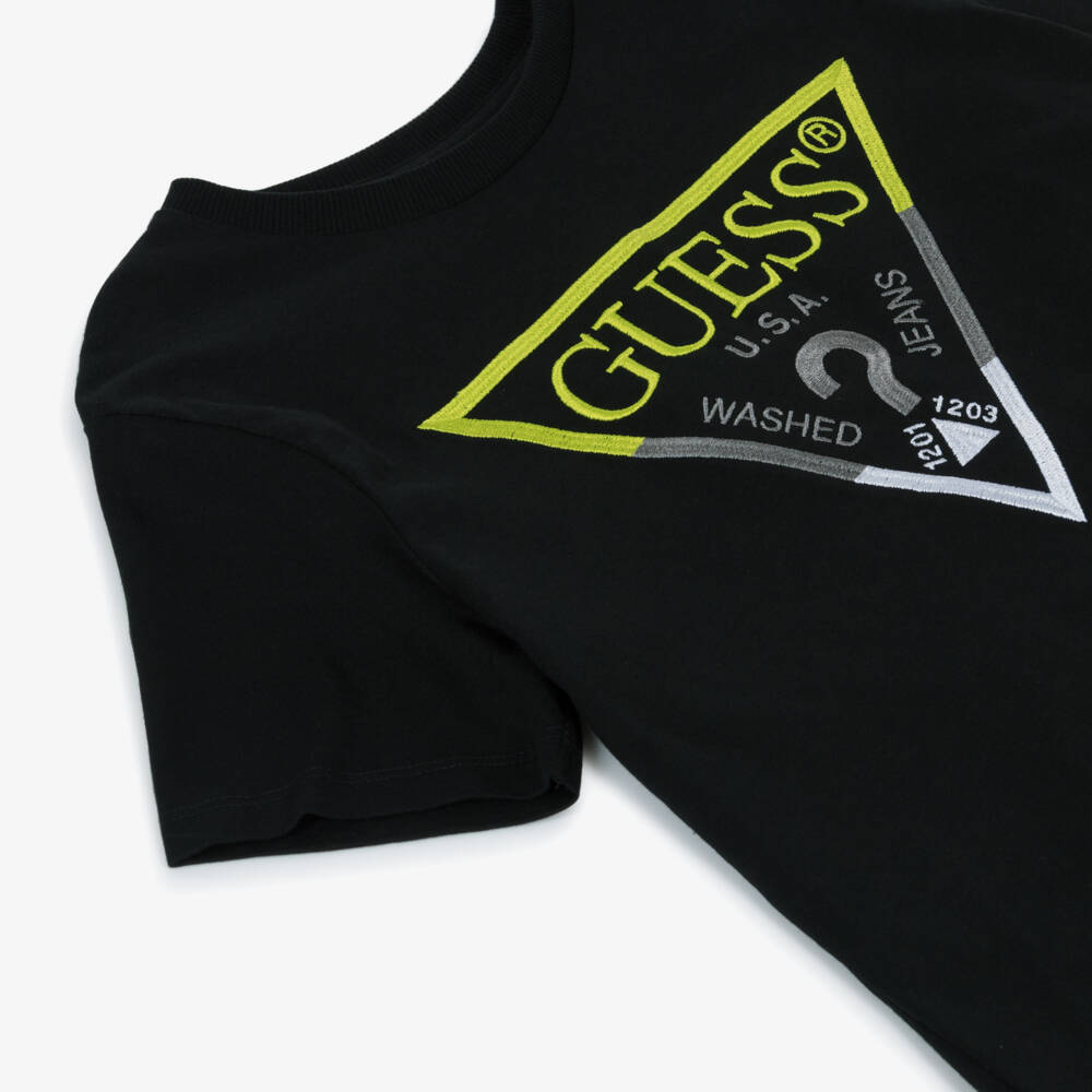 Guess-Junior Boys Black Organic Cotton Triangle Logo T-Shirt | Childrensalon