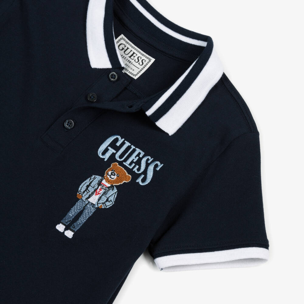 Guess-Junior Boys Blue Cotton Piqué Embroidered Bear Polo Shirt | Childrensalon
