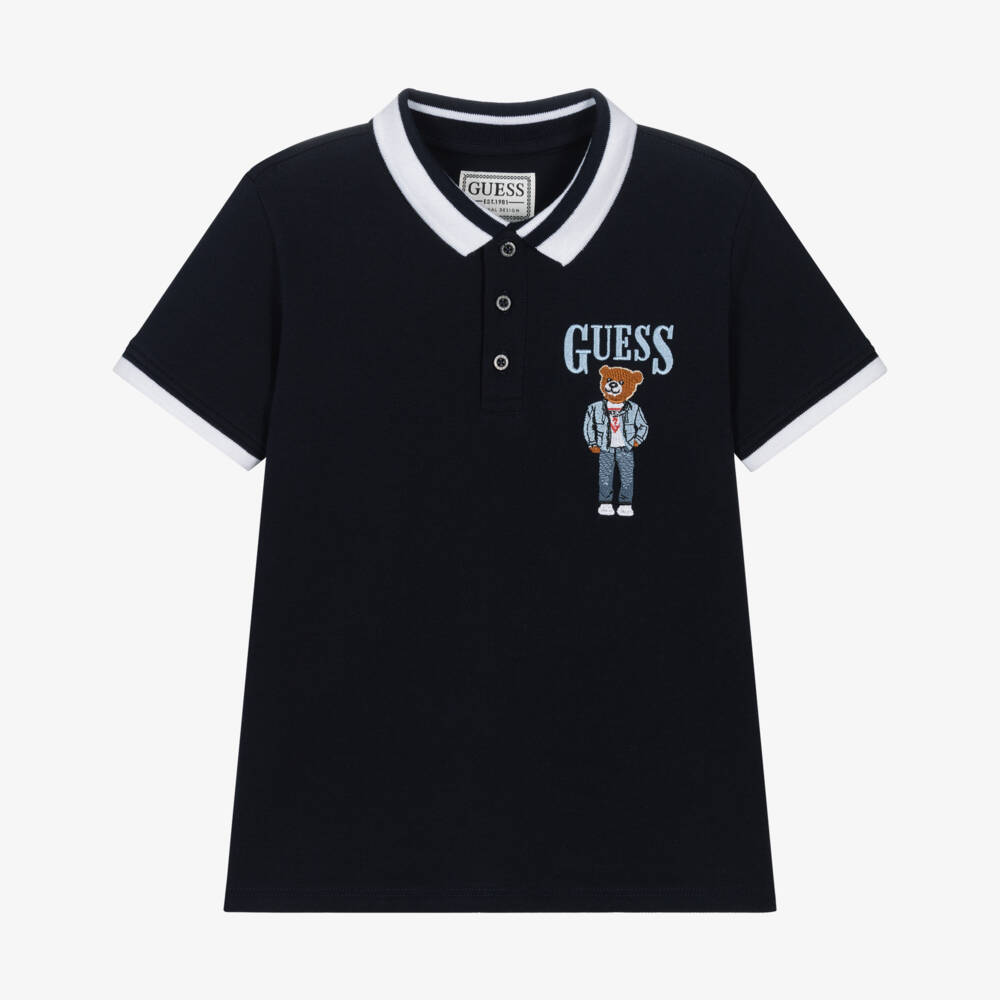 Guess-Junior Boys Blue Cotton Piqué Embroidered Bear Polo Shirt | Childrensalon