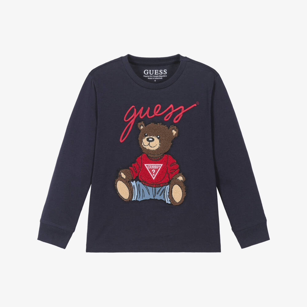 Guess-Junior Boys Blue Organic Cotton Teddy Bear Top | Childrensalon