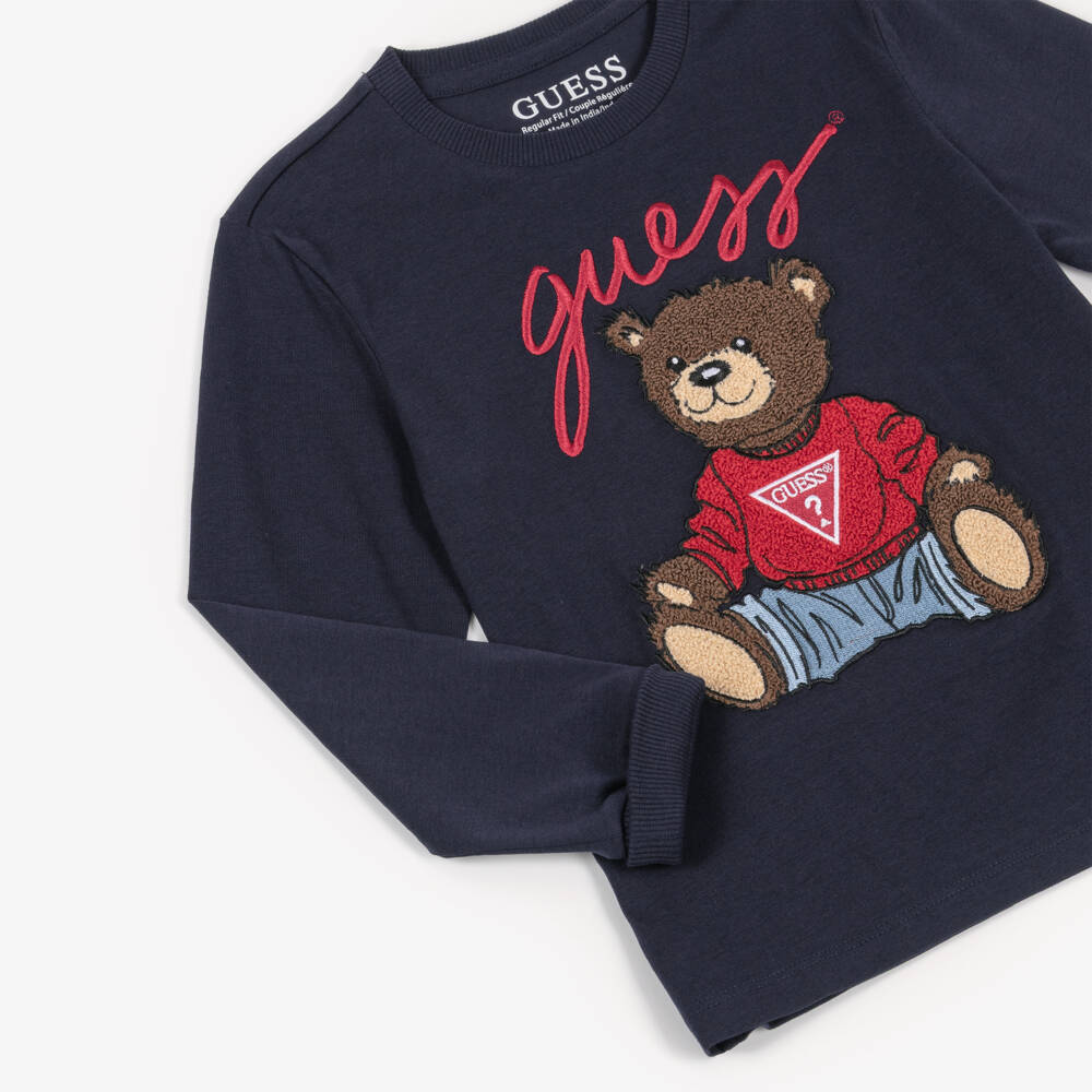 Guess-Junior Boys Blue Organic Cotton Teddy Bear Top | Childrensalon