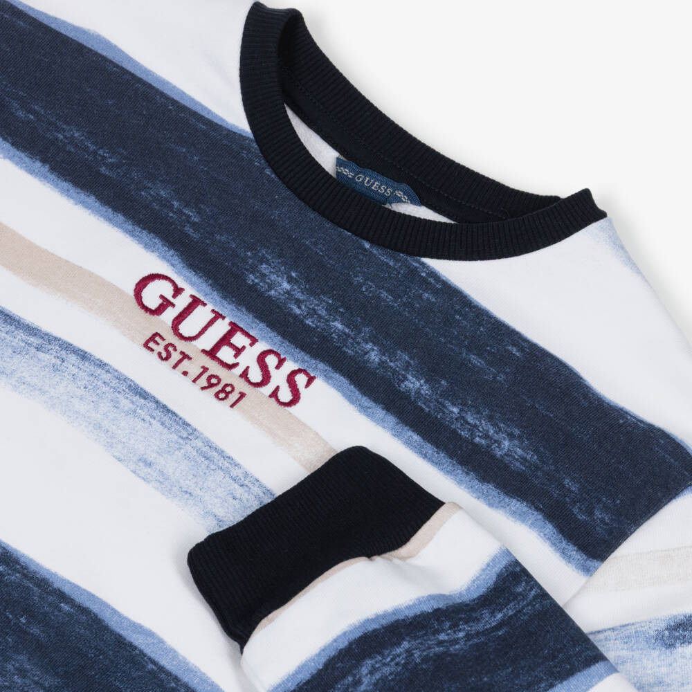 Guess-سويتشيرت قطن مقلم لون أبيض وأزرق للأولاد | Childrensalon