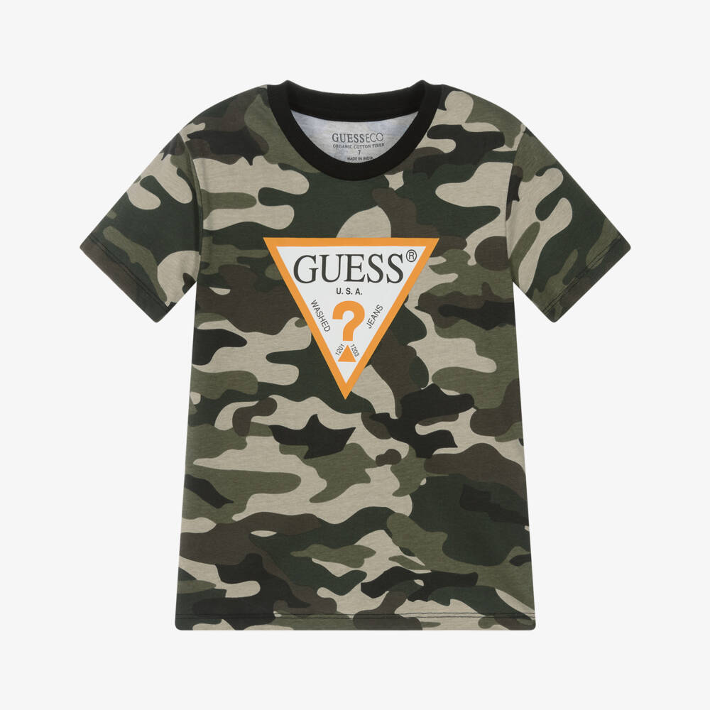 Guess-Junior Boys Green Cotton Camouflage T-Shirt with Triangle Logo | Childrensalon
