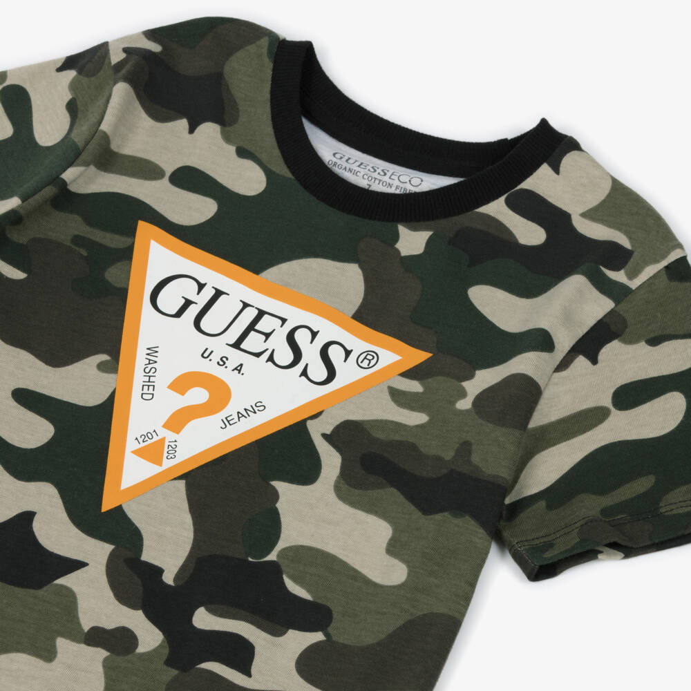 Guess-Junior Boys Green Cotton Camouflage T-Shirt with Triangle Logo | Childrensalon