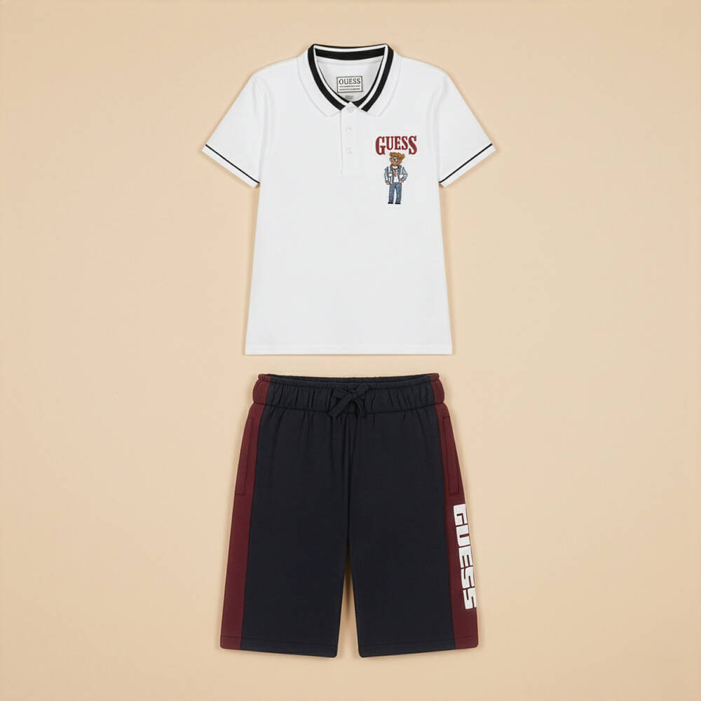 Guess-Junior Boys Navy Blue & Burgundy Red Cotton Shorts | Childrensalon