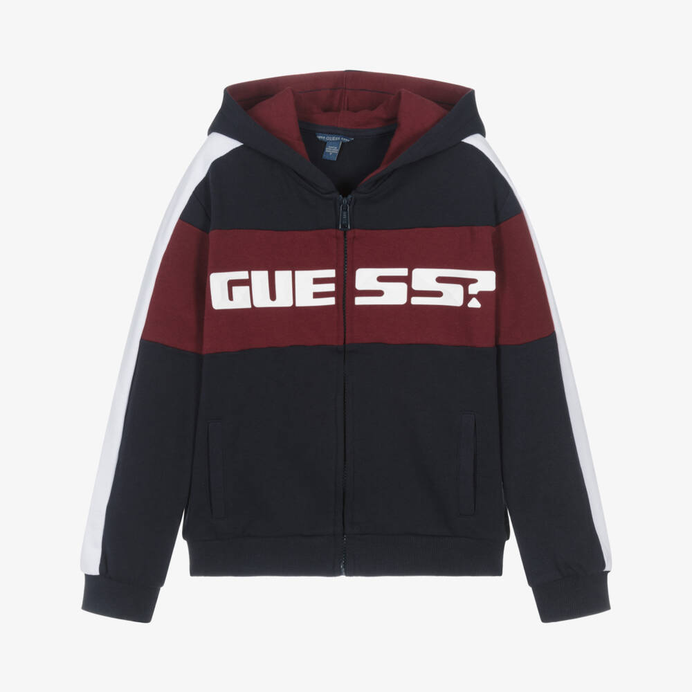 Guess-Junior Boys Navy Blue & Burgundy Red Cotton Zip-Up Top | Childrensalon