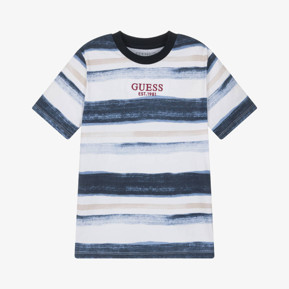 Guess-Junior Boys Navy Blue Striped Cotton T-Shirt | Childrensalon