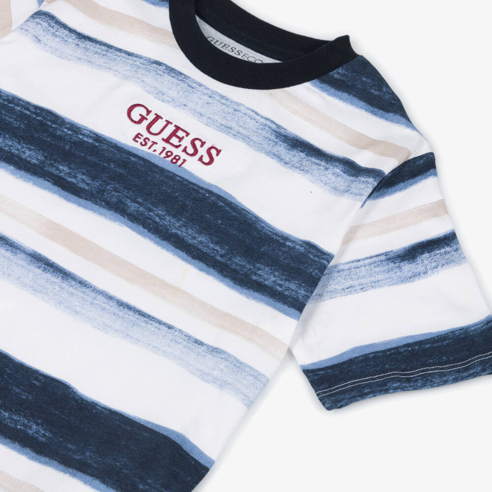 Guess-Junior Boys Navy Blue Striped Cotton T-Shirt | Childrensalon