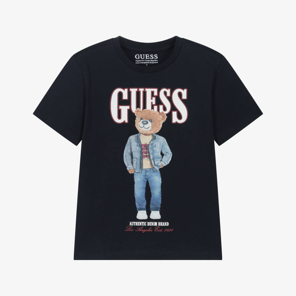 Guess-Junior Boys Navy Blue Teddy Bear Print T-Shirt | Childrensalon