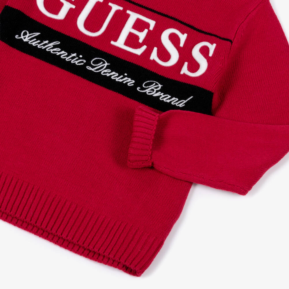 Guess-Junior Boys Red Knitted Sweater with Embroidered Logo | Childrensalon
