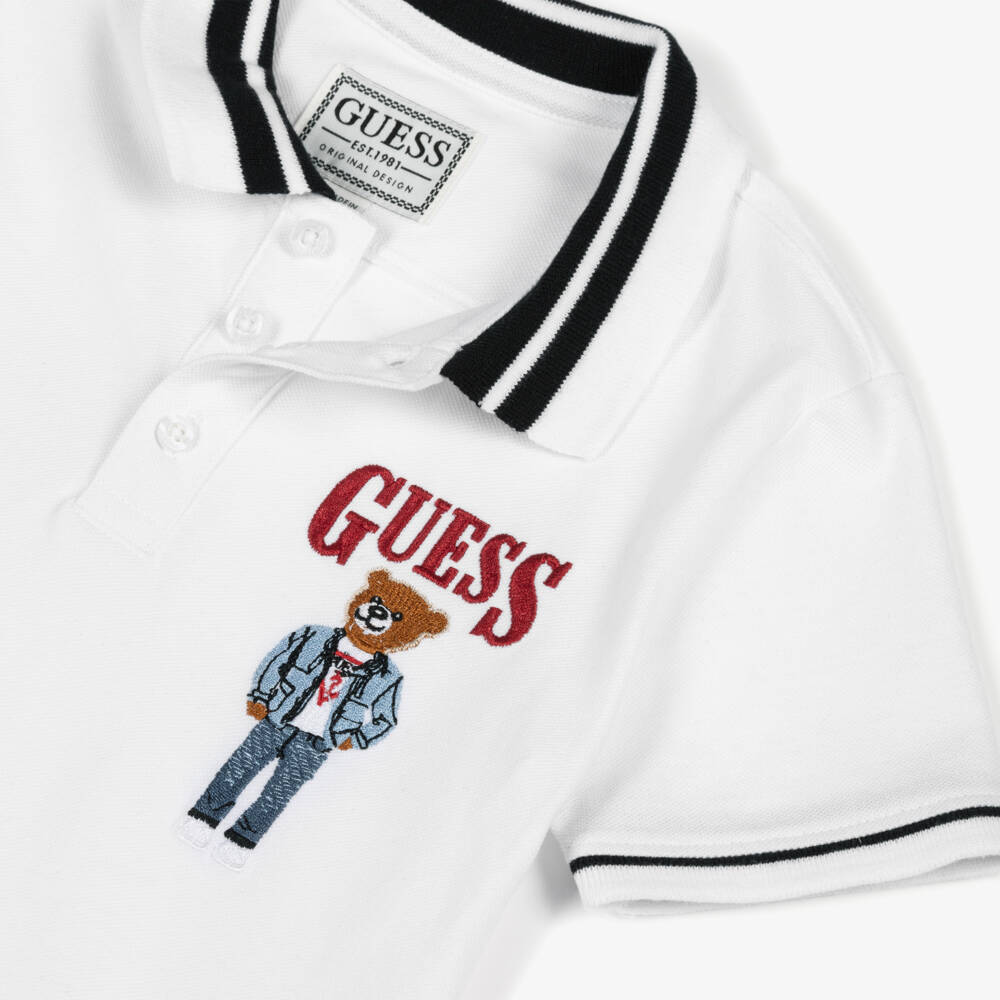Guess-Junior Boys White Cotton Piqué Embroidered Bear Polo Shirt | Childrensalon