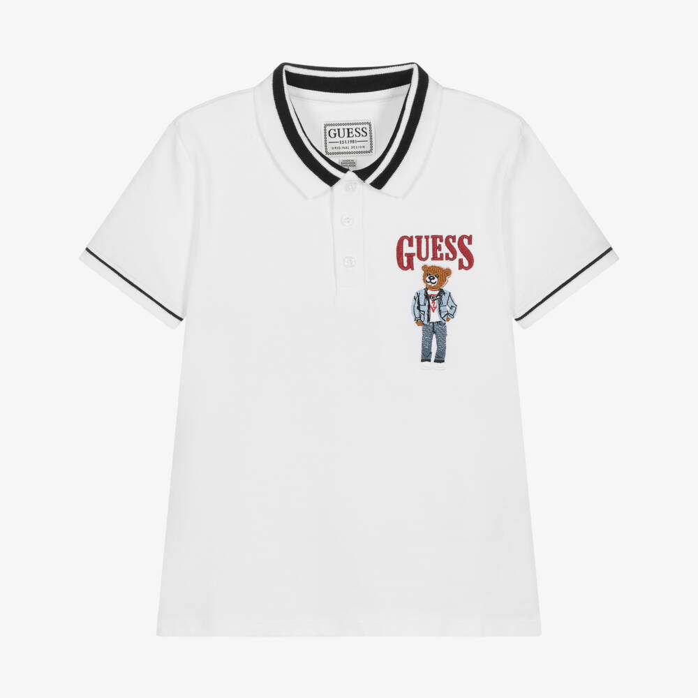 Guess-Junior Boys White Cotton Piqué Embroidered Bear Polo Shirt | Childrensalon