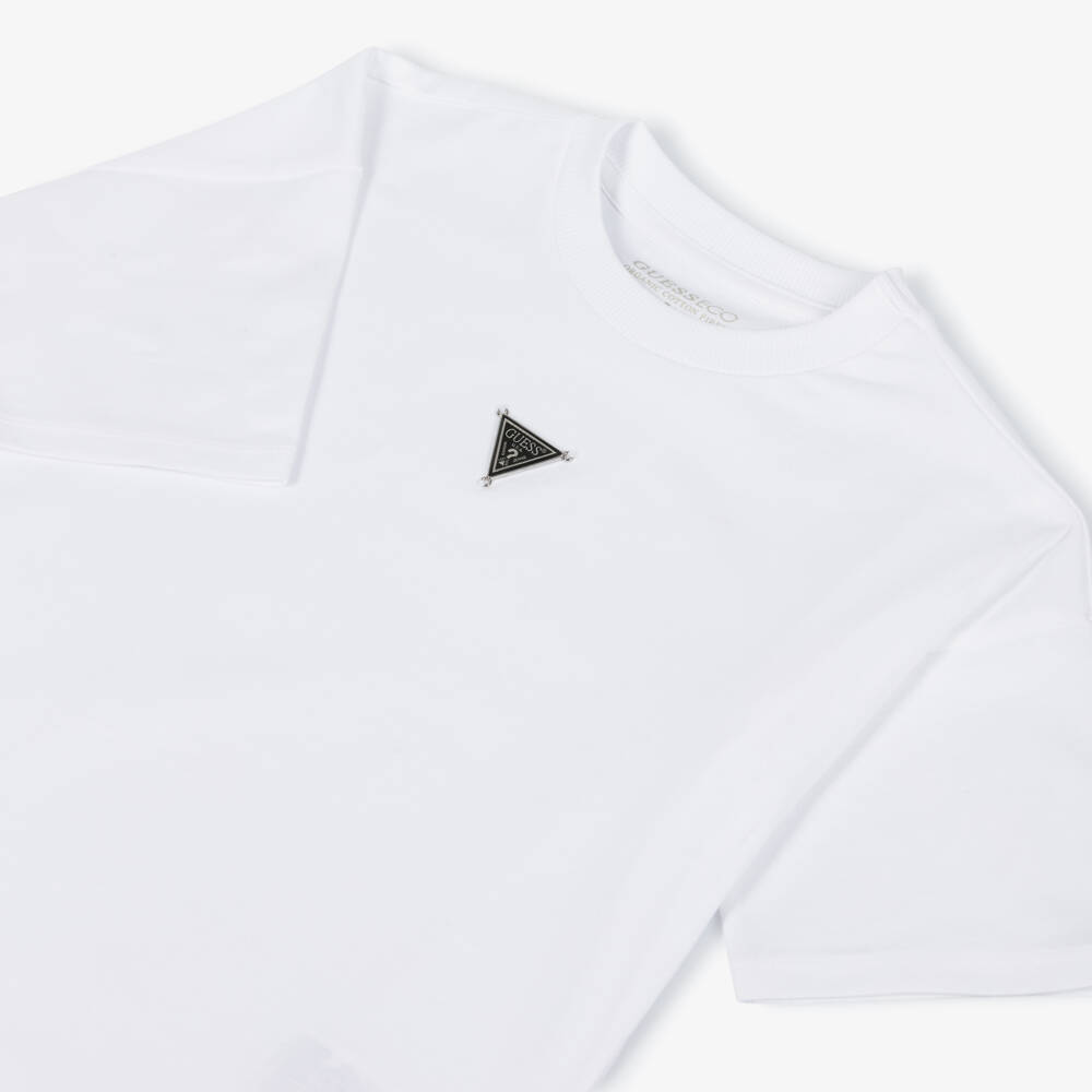 Guess-Junior Boys White Cotton T-Shirt with Metal Triangle Logo | Childrensalon
