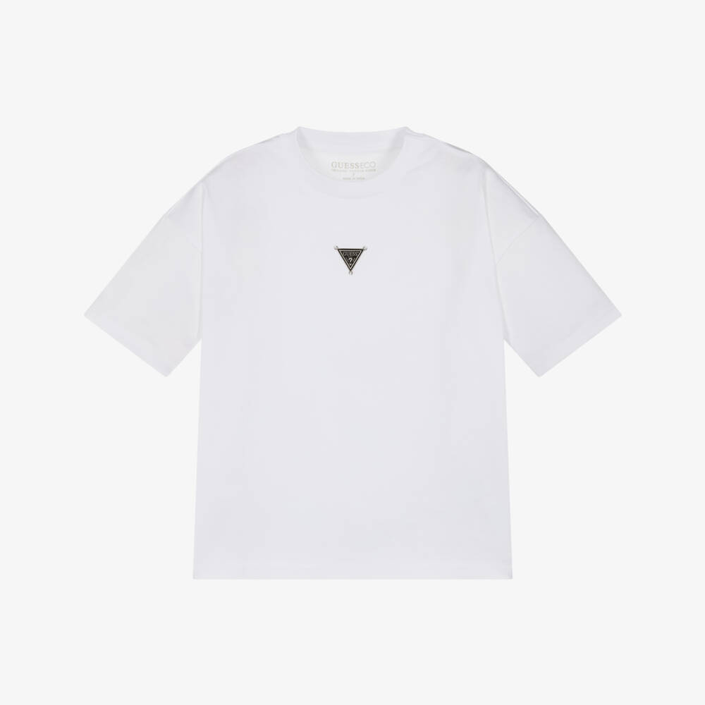 Guess-Junior Boys White Cotton T-Shirt with Metal Triangle Logo | Childrensalon