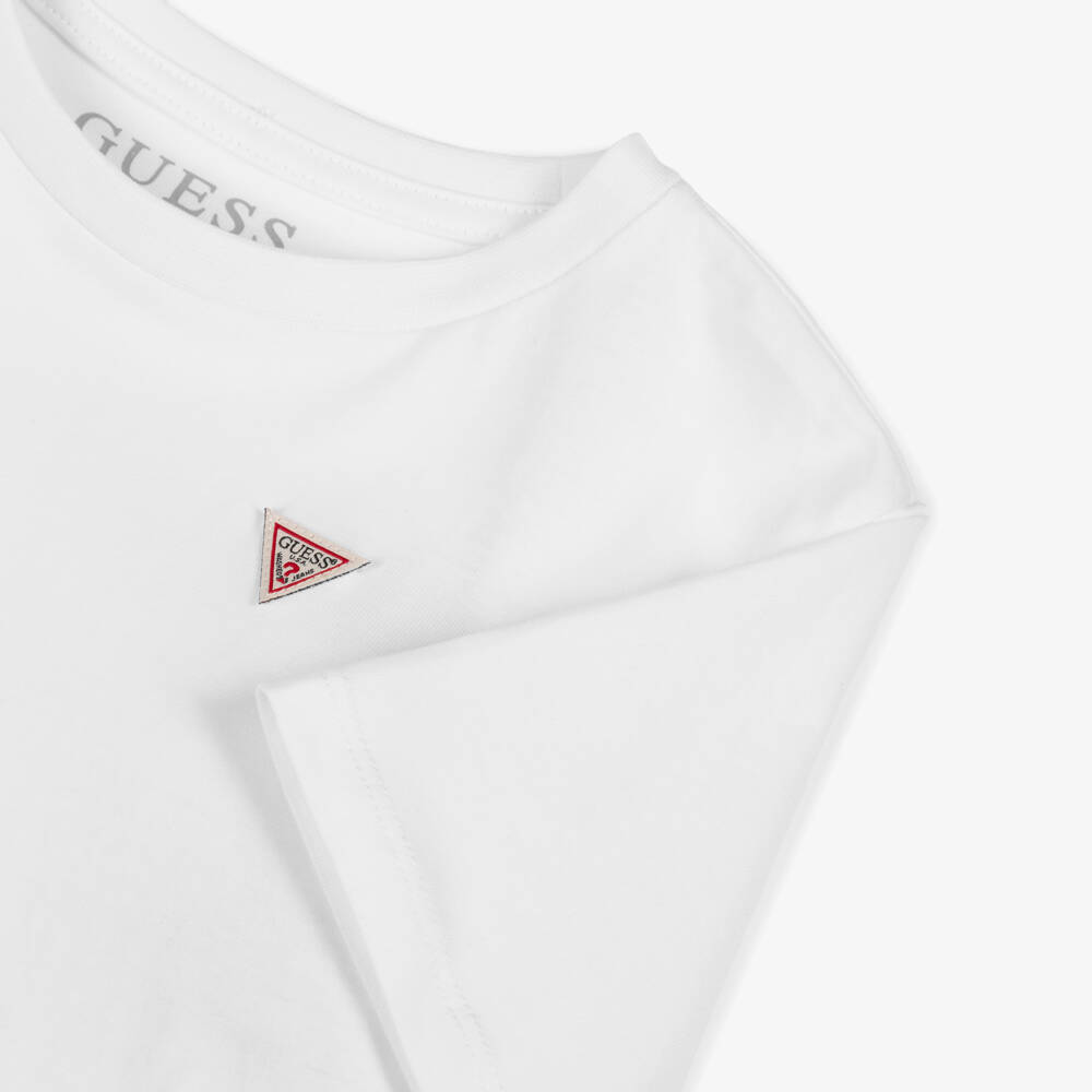 Guess-Junior Boys White Cotton Triangle Logo T-Shirt | Childrensalon
