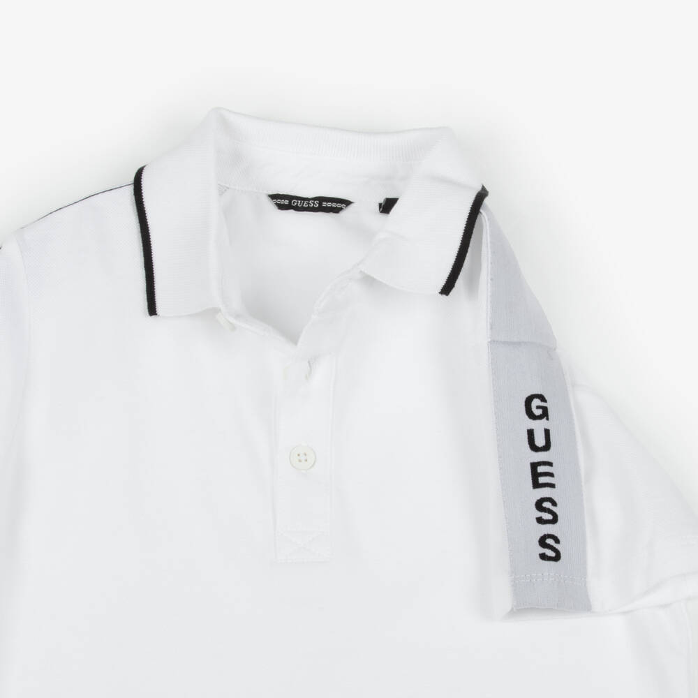Guess-Junior Boys White Piqué Logo Tape Polo Shirt | Childrensalon