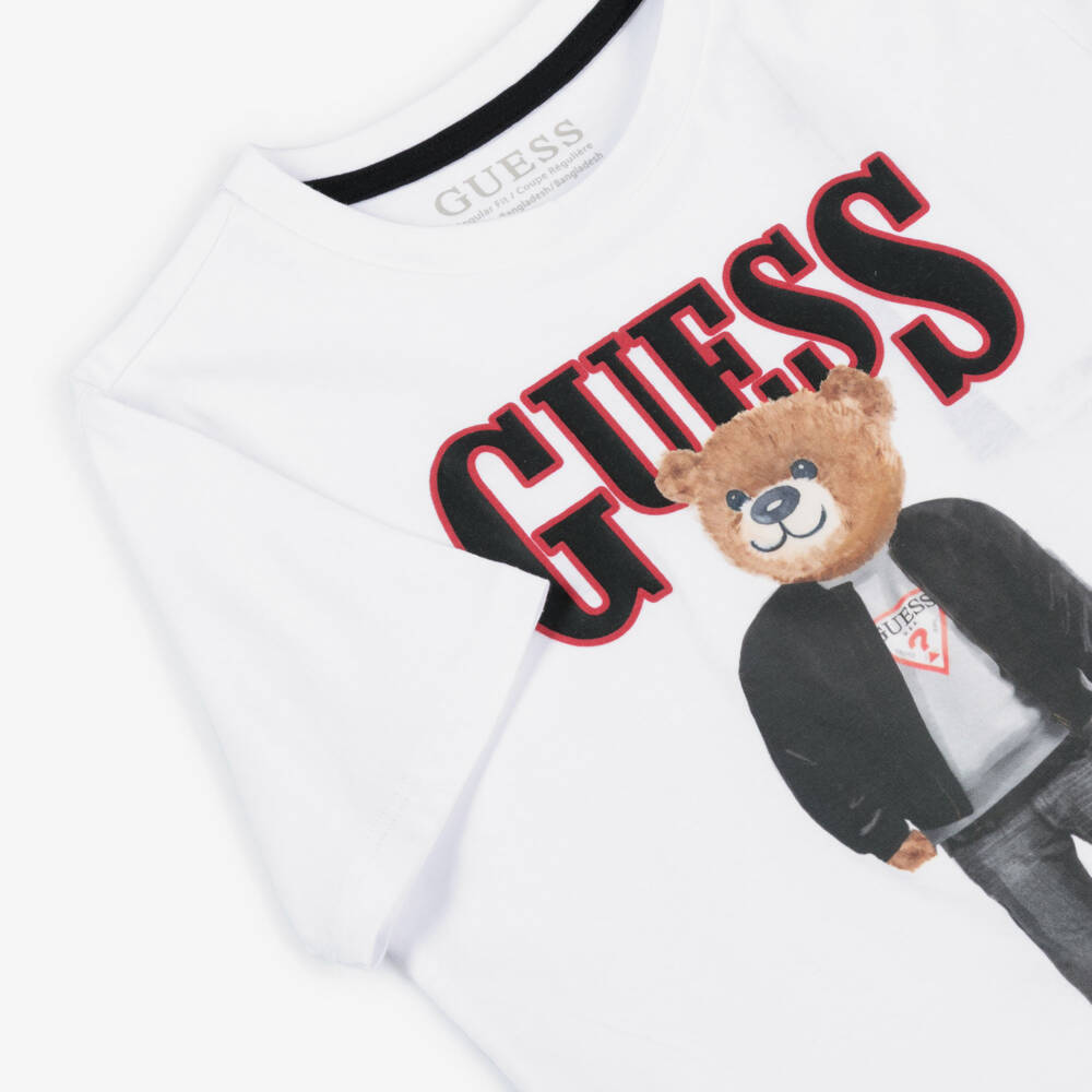 Guess-Junior Boys White Teddy Bear Print T-Shirt | Childrensalon