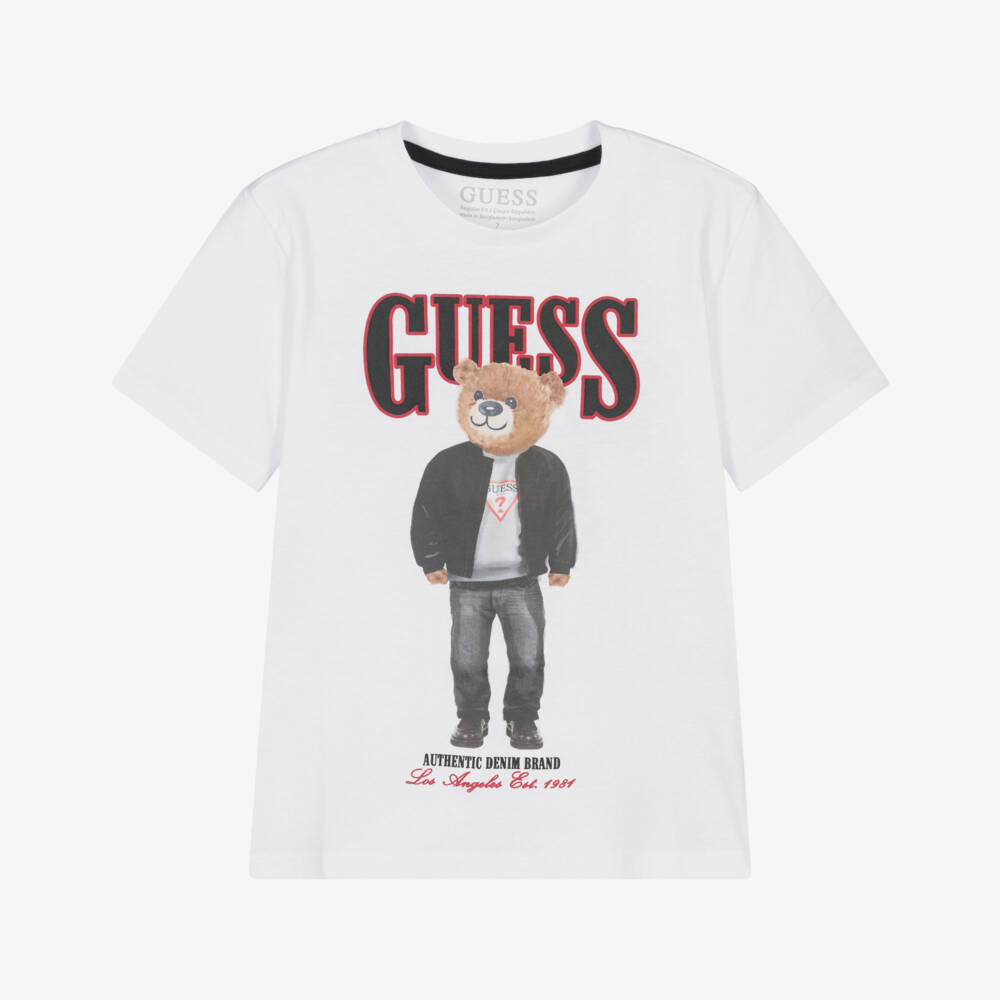 Guess-Junior Boys White Teddy Bear Print T-Shirt | Childrensalon