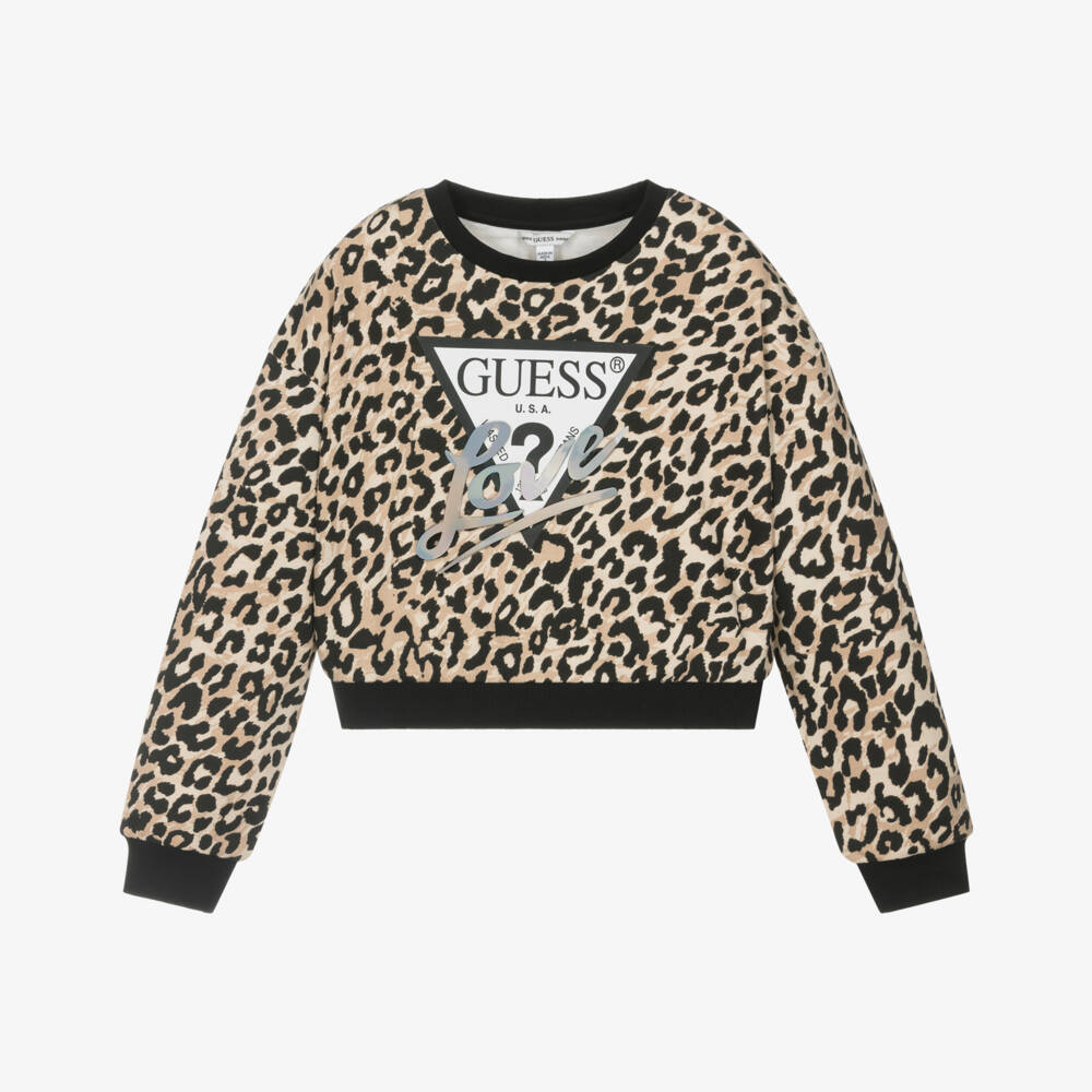 Guess-Junior Girls Beige & Black Leopard Print Cotton Sweatshirt  | Childrensalon