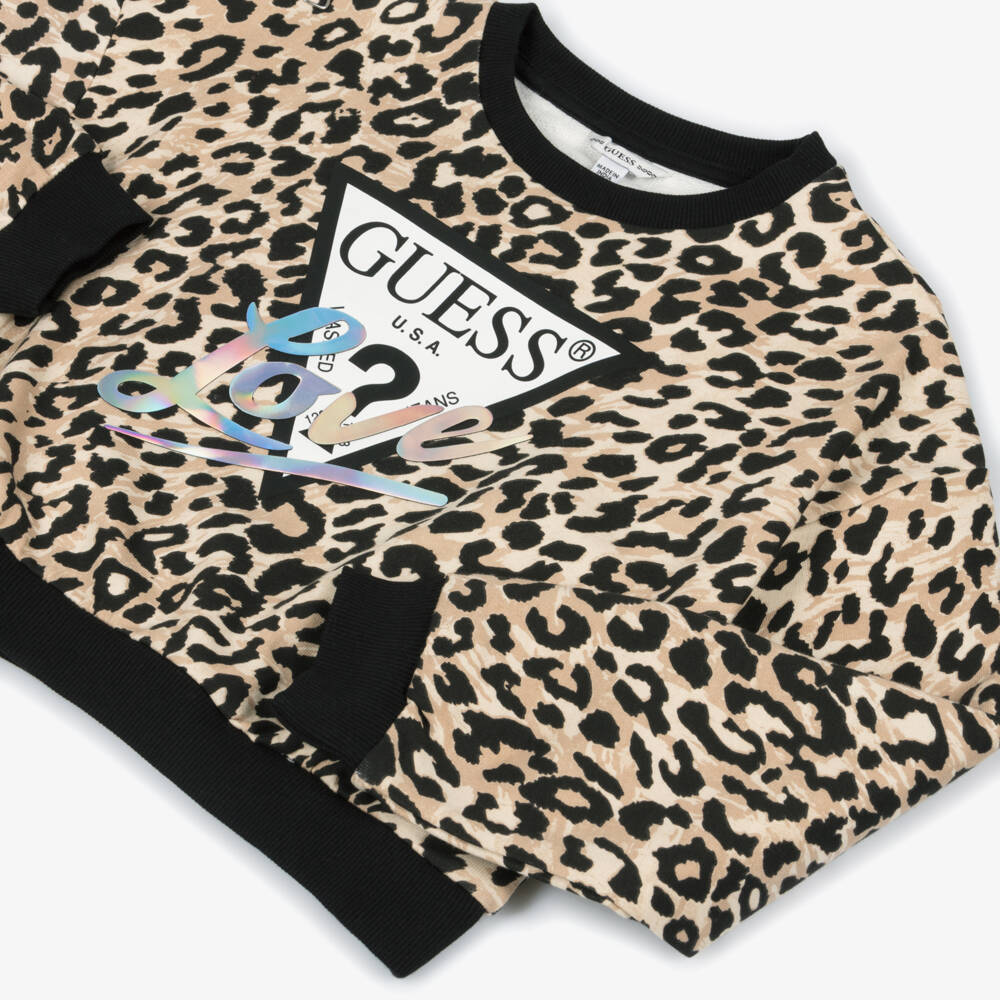Guess-Junior Girls Beige & Black Leopard Print Cotton Sweatshirt  | Childrensalon