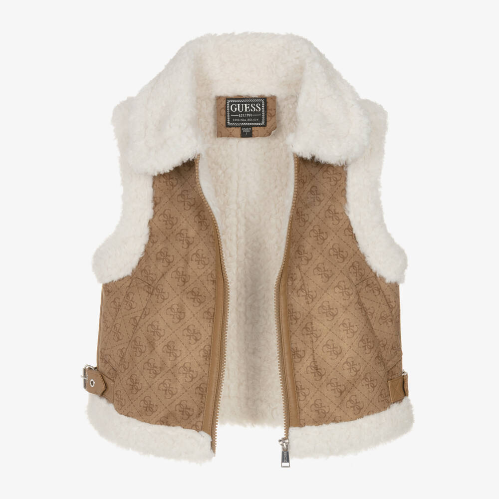 Guess-Junior Girls Beige Faux Suede & Sherpa Fleece 4G Gilet | Childrensalon