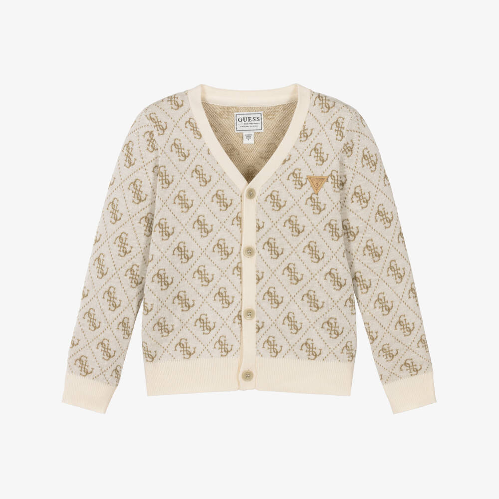 Guess-Junior Girls Beige Knitted 4G Logo Cardigan | Childrensalon
