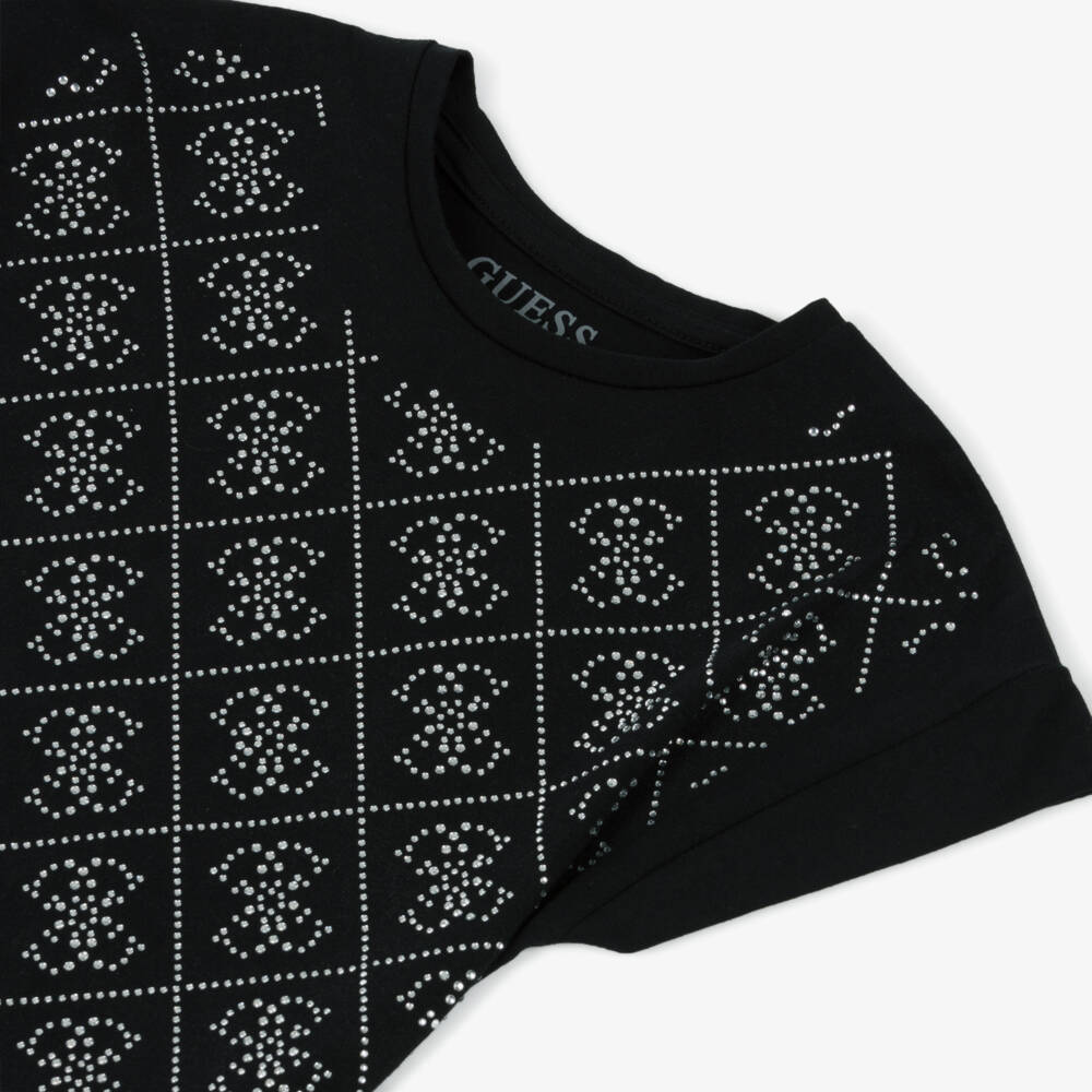 Guess-Junior Girls Black 4G Rhinestone Logo T-Shirt | Childrensalon