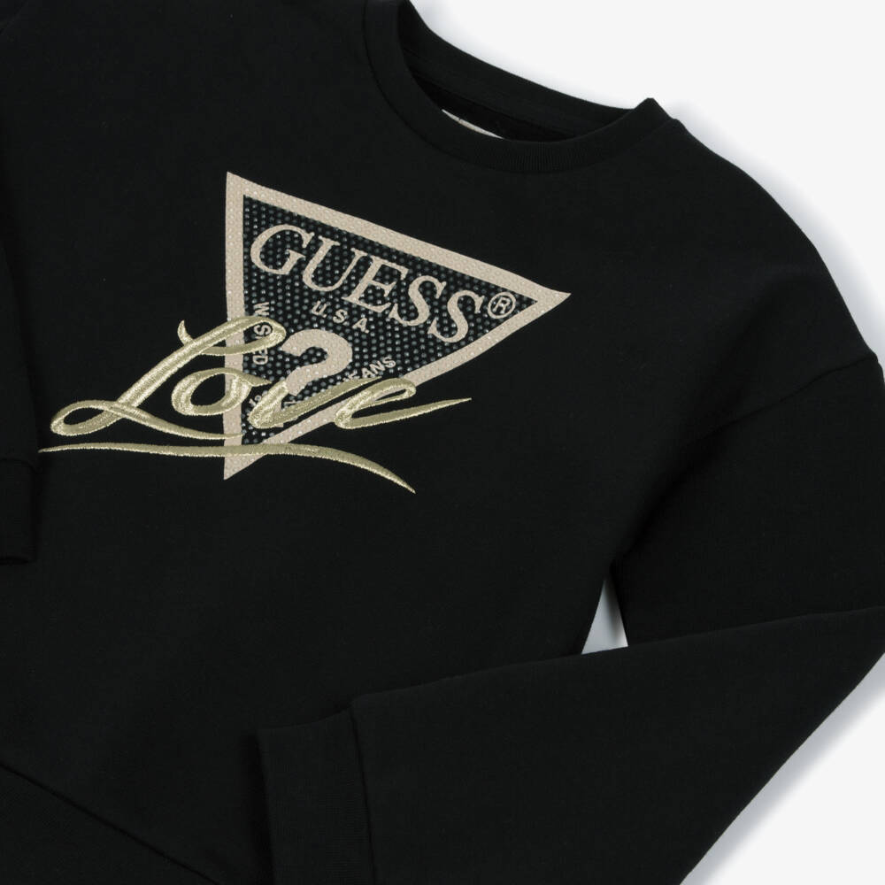Guess-Junior Girls Black Cotton Diamanté Triangle Logo Sweatshirt | Childrensalon